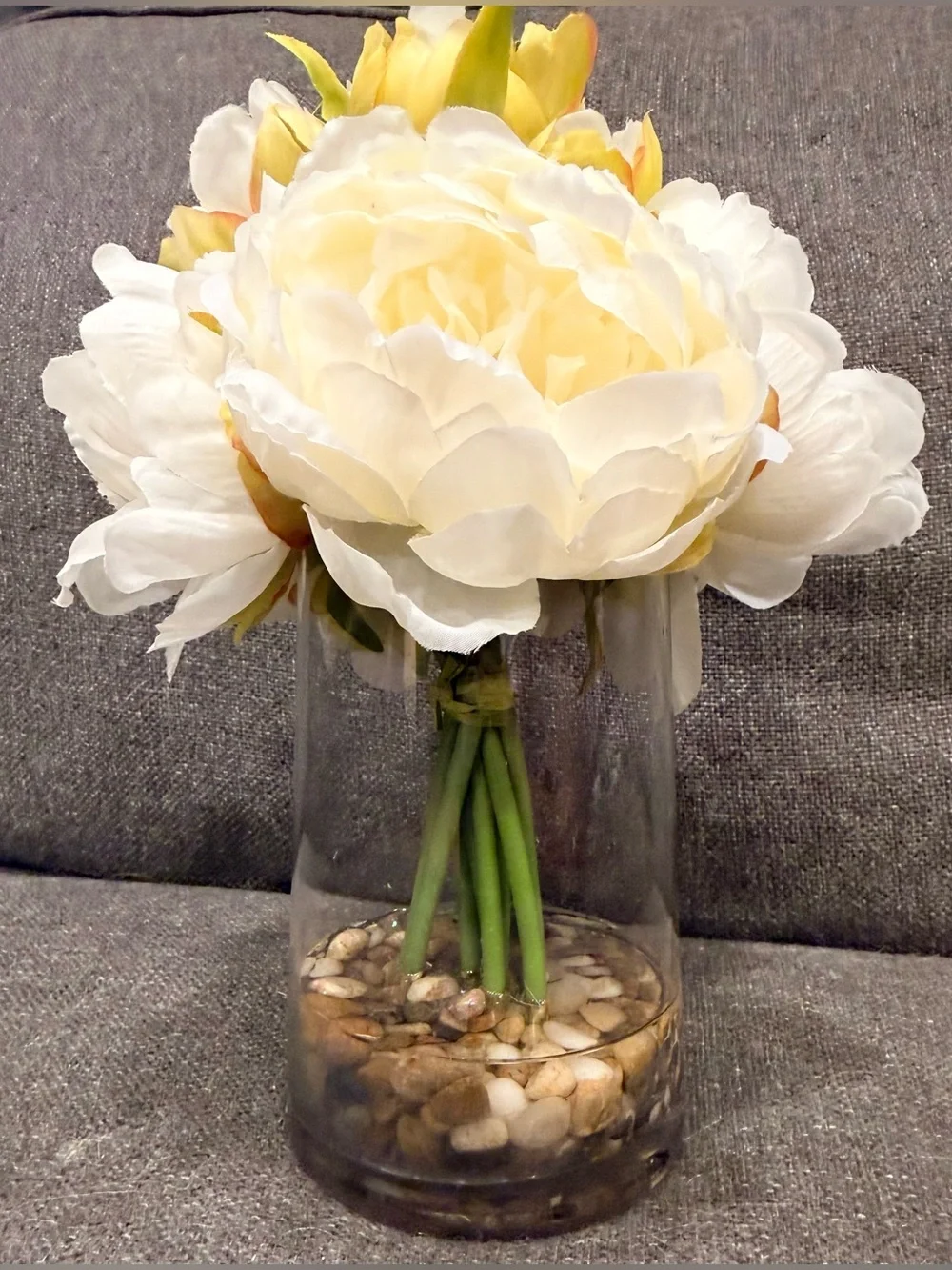 Enova Home Cream Artificial Silk Peony Bouquet in Clear Glass Vase